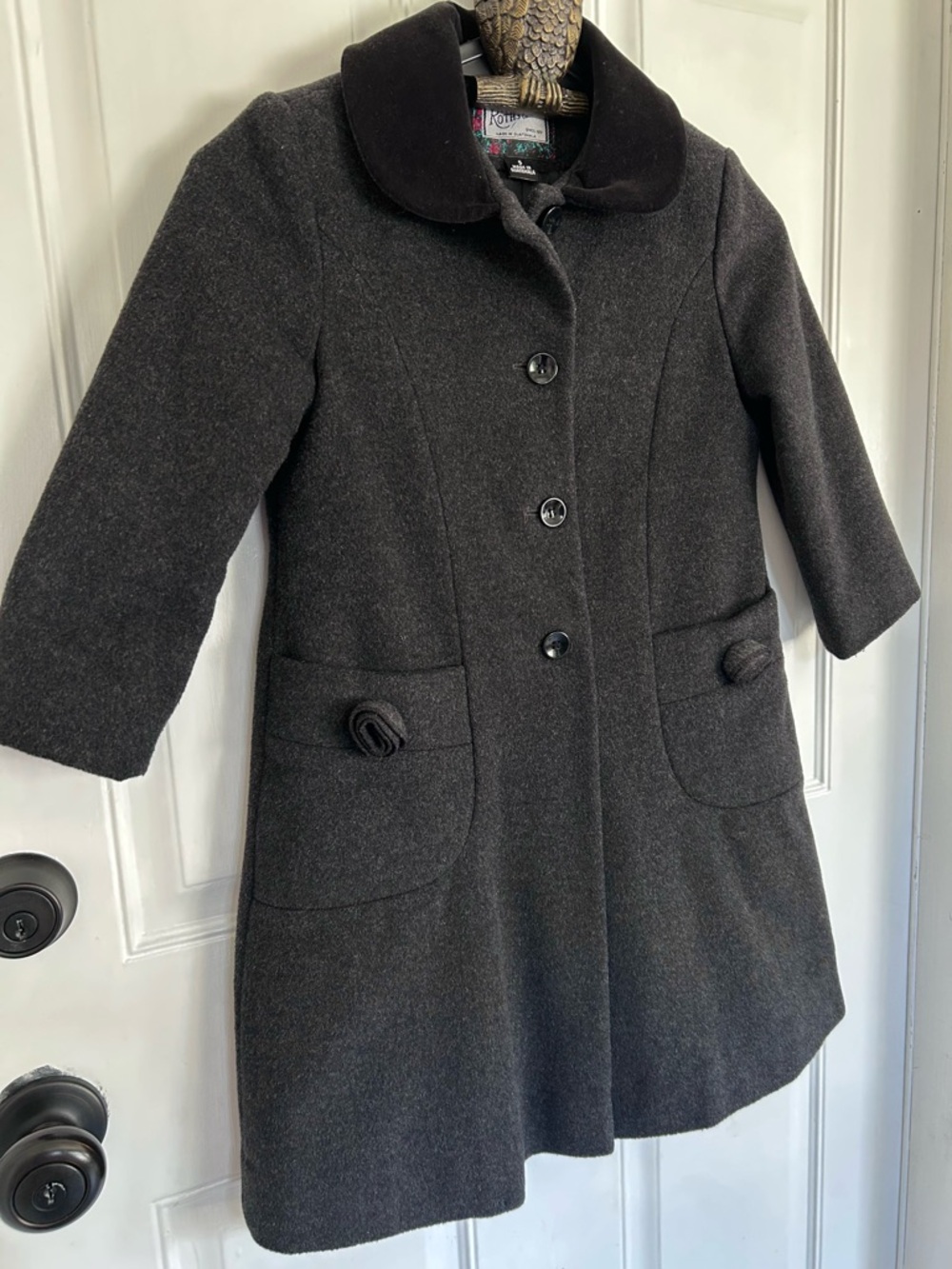 Rothschild Girls' Dark Gray Wool Pea Coat with Velvet Collar & Rosette pockets
